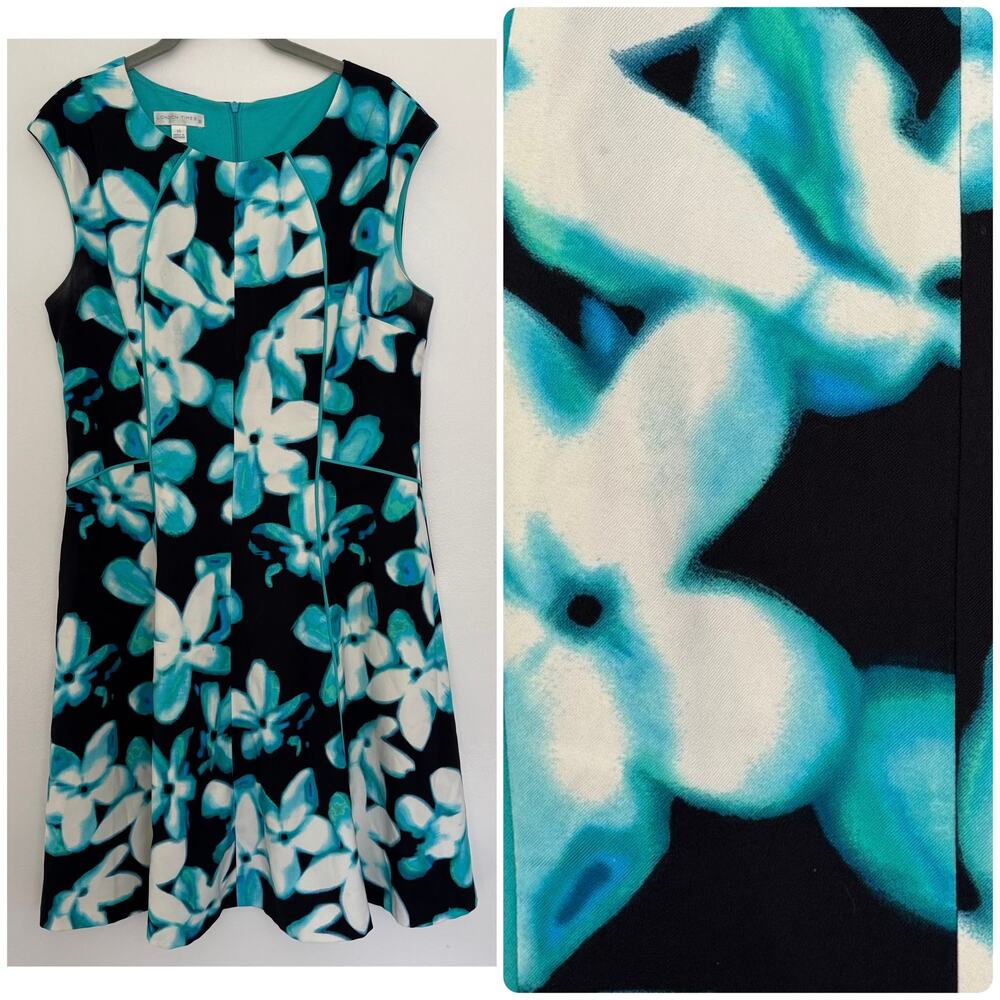 London Times Sleeveless Floral Dress in a Vibrant Teal/Black/White Floral Print